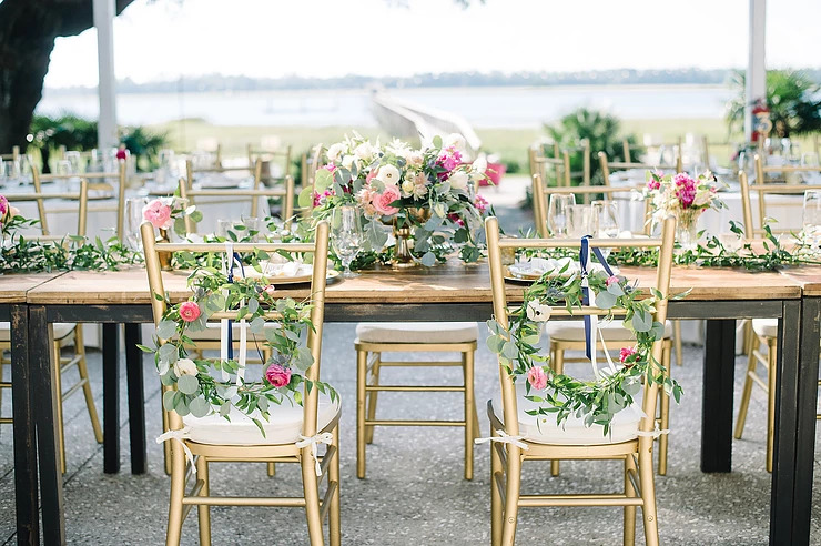 Table and chairs at wedding reception